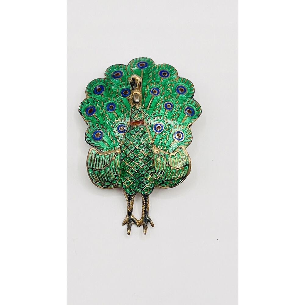 STERLING Siam SILVER &ENAMEL PEACOCK BROOCH Greengold Cloisonné Vintage Art Deco